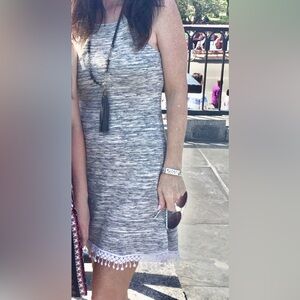 Sage small gray knit dress with lace trim